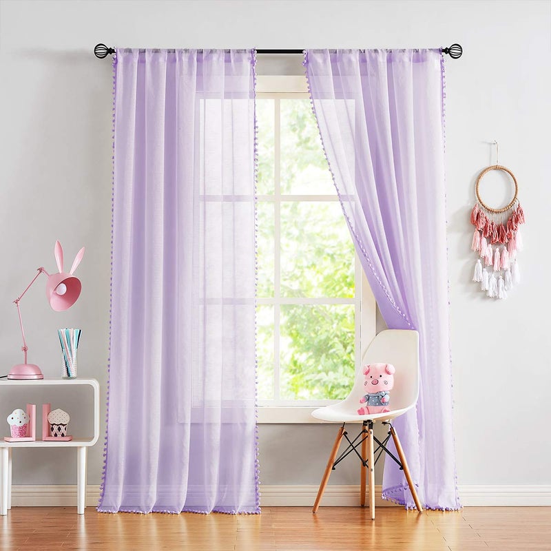 Treatmentex Pom-Pom Sheer Curtains for Kid's Room, 63" Linen Textured Volie Window Curtain Panels Lilac 52" w 1 Pair - Image 3